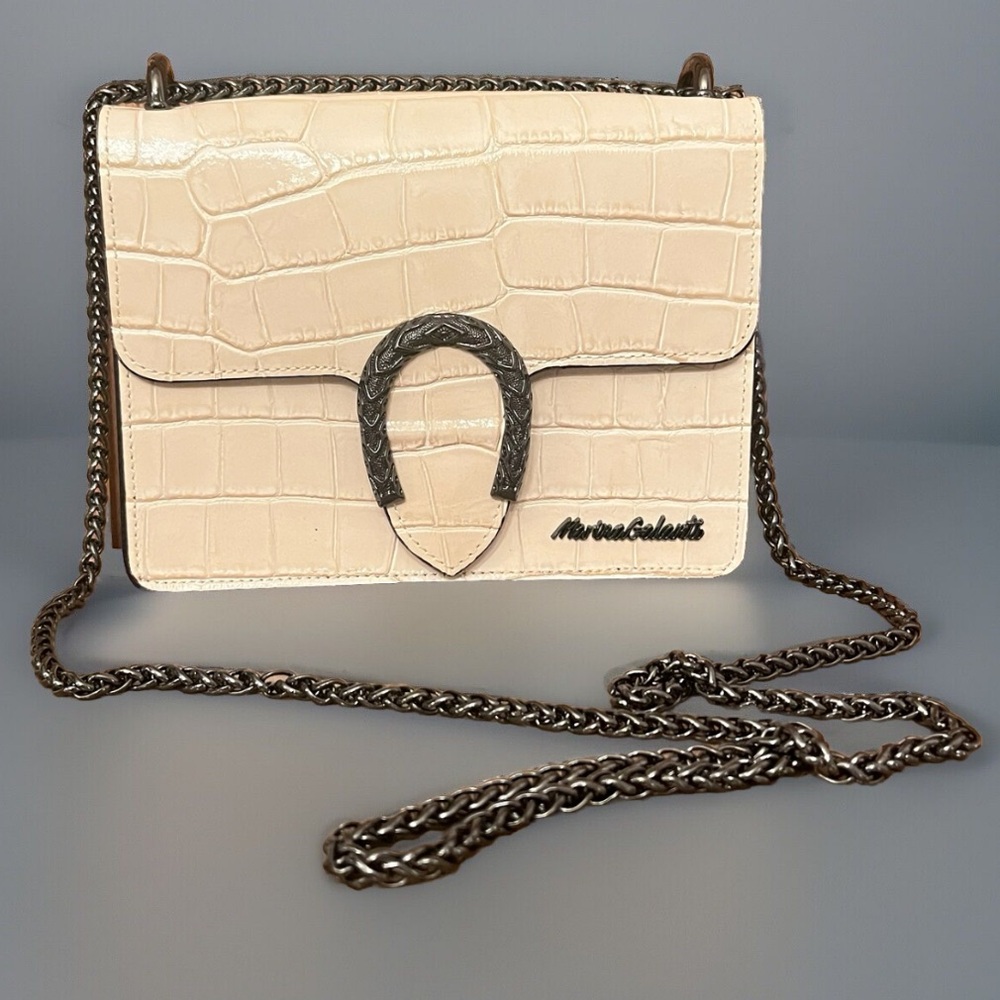 Marina Galanti Crossbody Purse Vera Pelle Croc Embossed Beige Made In Italy